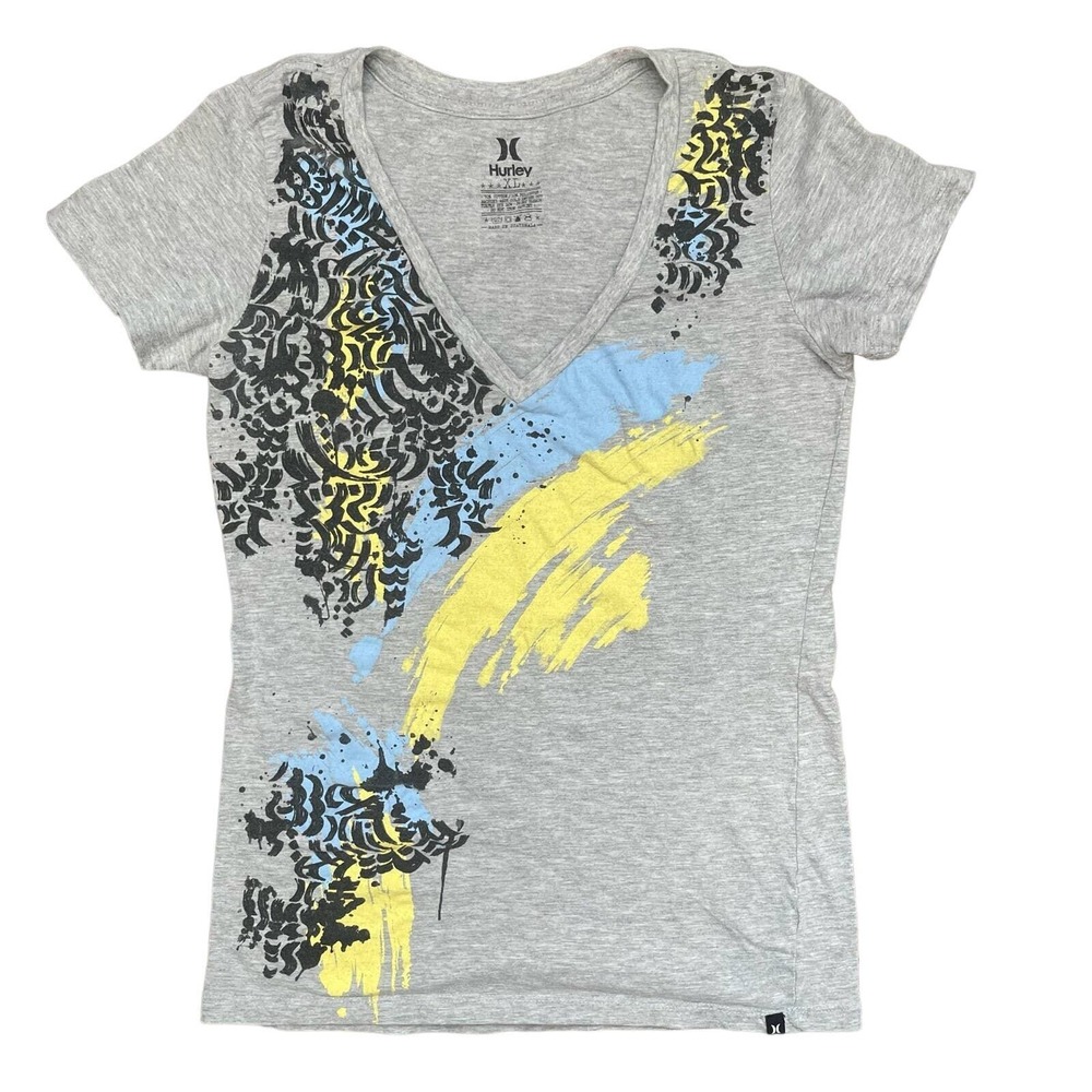 Hurley Gray V Neck T Shirt‎ Extra Large XL Short Sleeve Graphic Print Top